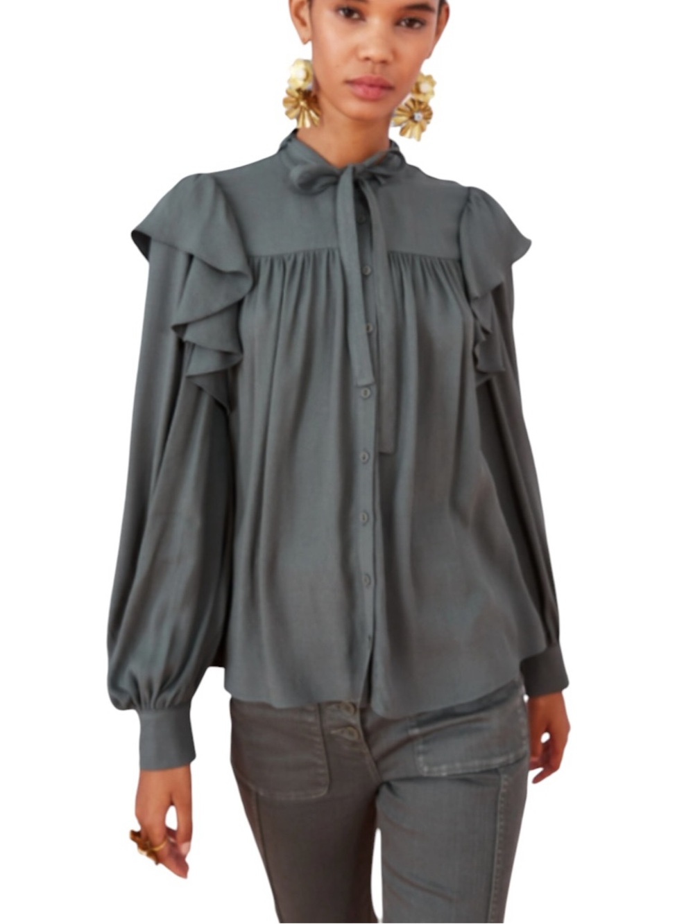 Ulla Johnson Tabitha Pussycat Bow Tie Crepe Blouse in Peat - 4